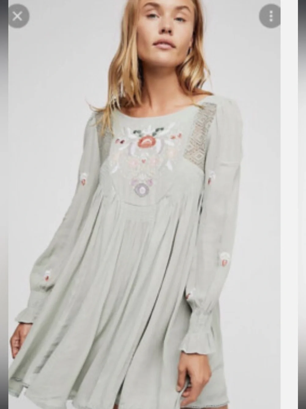 Free People Mojave Embroidered Sage Long-Sleeve Babydoll Dress. Callout